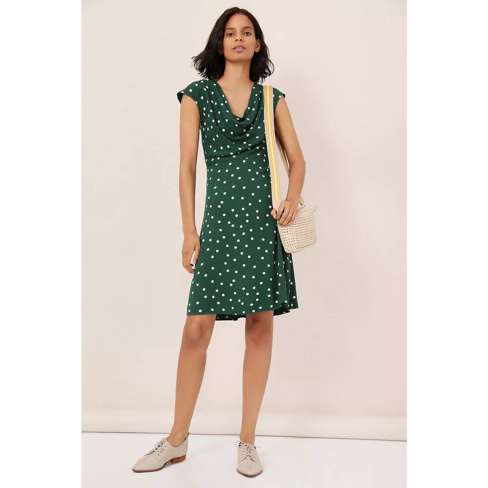 Anthropologie Maeve Betty Polka Dot Cowl Neck Sleeveless Dress Siz 2 Green Cream - Picture 9 of 9